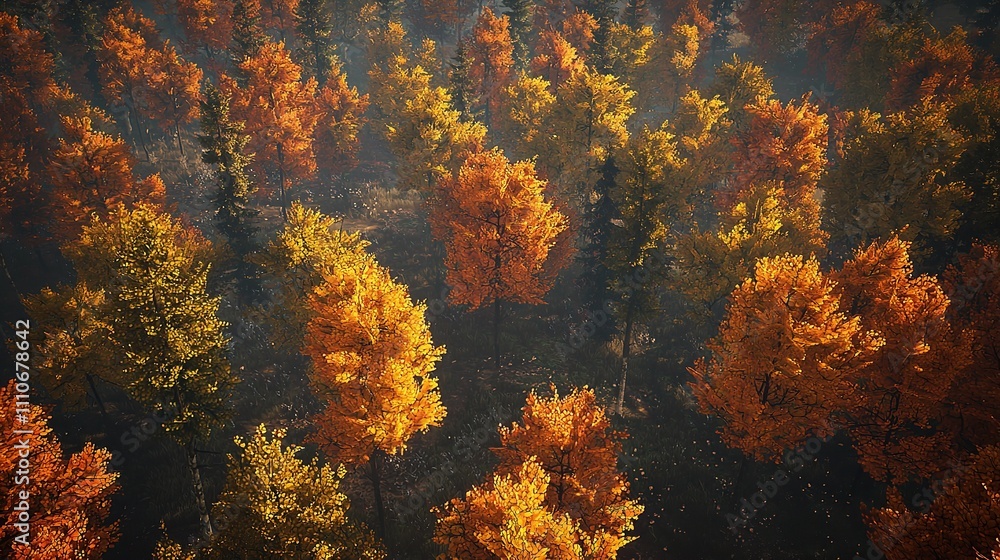 Aerial drone view over an autumn forest with colorful trees. Aerial drone view over an autumn forest with colorful trees.