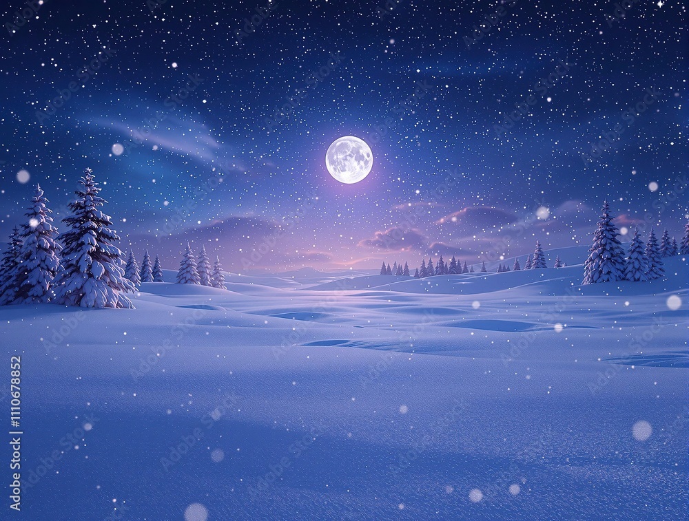 Fototapeta premium Snowflakes fall slowly and steadily onto the snowy ground, creating a vast expanse of white that stretches out to infinity under the starry night sky , frozen world, snowfall landscape