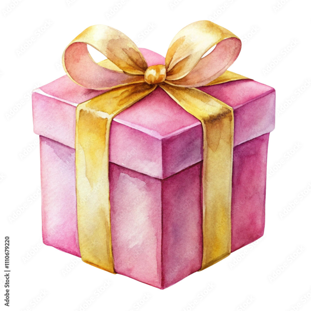 Obraz premium Watercolor illustration of pink gift box with golden ribbon isolated on transparent background