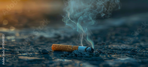 A close-up of a smoldering cigarette lying on a gritty surface, with wisps of smoke rising, highlighting themes of pollution and health concerns associated with smoking. photo