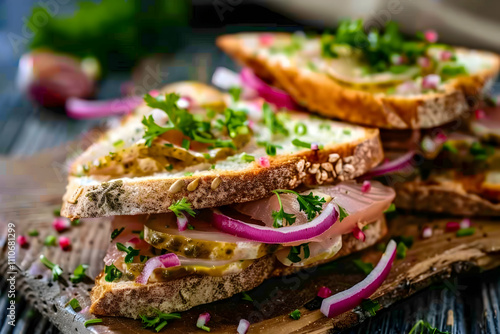 A close-up of layered sandwiches on a wooden board, featuring fresh ingredients like onions and herbs, showcasing a vibrant and appetizing meal. photo