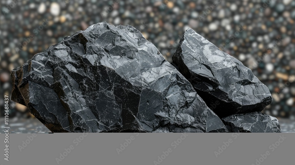Two large pieces of black rock with a textured surface on a patterned background. Two large pieces of black rock with a textured surface on a patterned background.