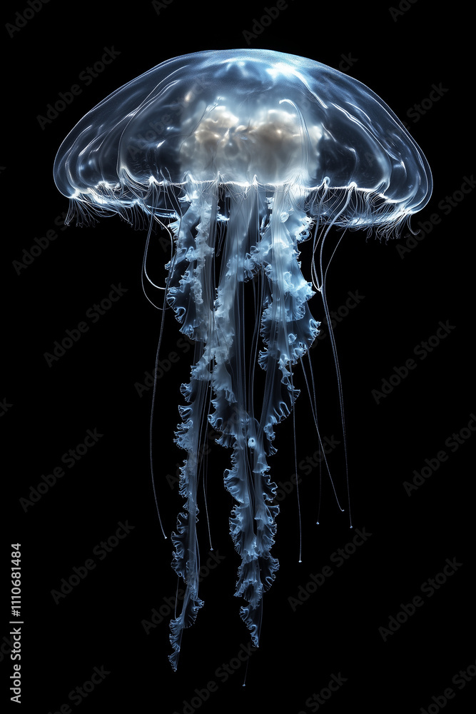 Blue, glowing jellyfish floating in the dark, macro photography. Blue, glowing jellyfish floating in the dark, macro photography.