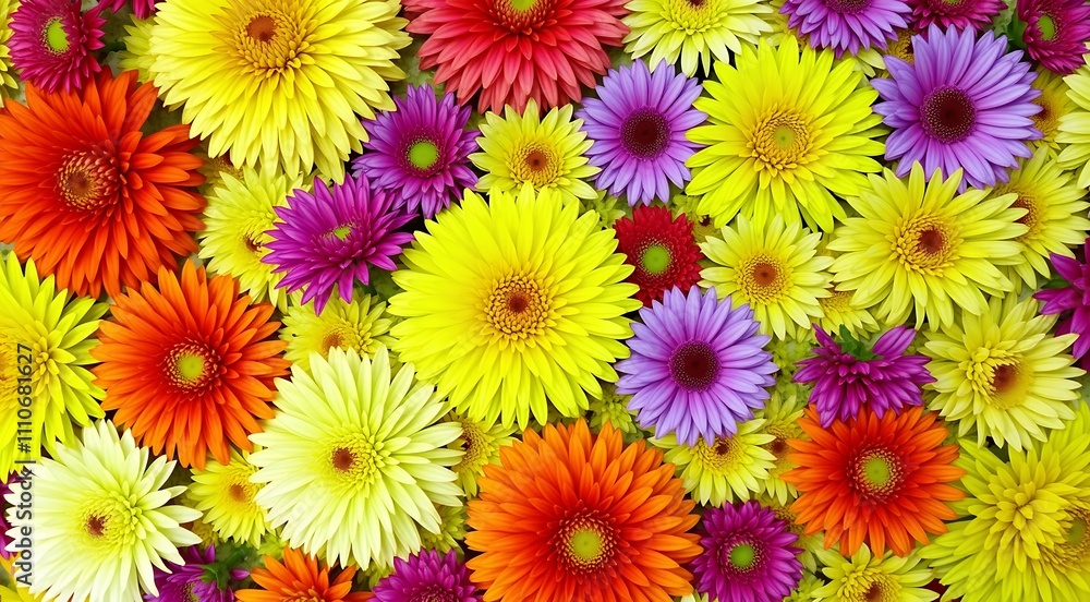 Flower wall background with vibrant red, orange, pink, purple, green, and white chrysanthemums; perfect for wedding decor Flower wall background with vibrant red, orange, pink, purple, green, and white chrysanthemums; perfect for wedding decor