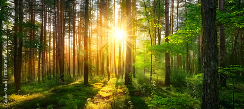 A serene forest scene illuminated by sunlight, showcasing tall trees, lush greenery, and a peaceful atmosphere that invites relaxation and reflection.