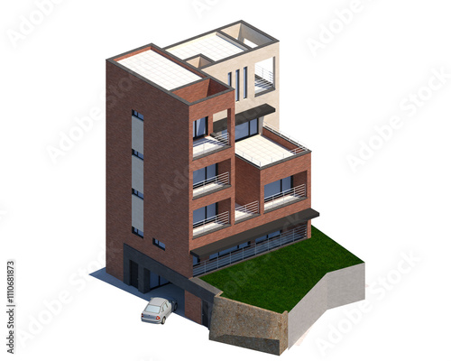 3d isometric illustration of a Contemporary Brick and Stucco Residence with Pool and Balcony Design