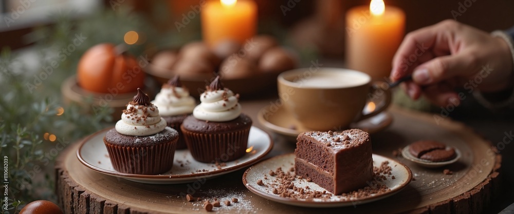 Cozy autumn desserts with candles, seasonal indulgence Cozy autumn desserts with candles, seasonal indulgence
