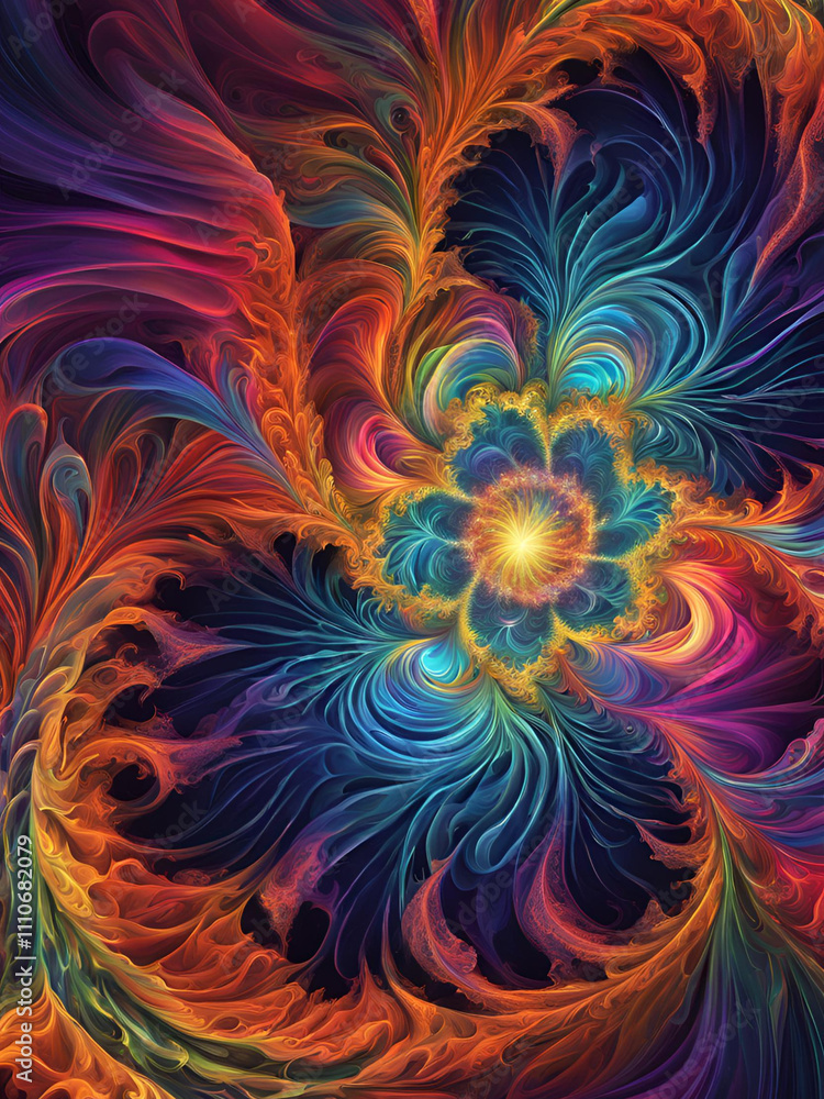 Psychedelic fractal flower illustration, colorful geometric pattern, digital art wallpaper Psychedelic fractal flower illustration, colorful geometric pattern, digital art wallpaper