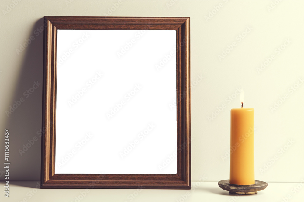 wooden photo frame stands on white surface beside lit candle, creating warm and inviting atmosphere. frame is empty, ready for cherished memory wooden photo frame stands on white surface beside lit candle, creating warm and inviting atmosphere. frame is empty, ready for cherished memory