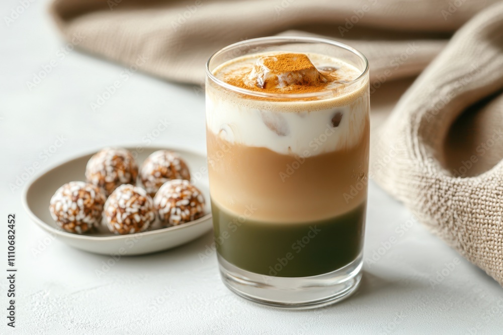 Iced Matcha and Espresso Latte in Clear Glass, Energy Balls on Rustic Plate, Boho Picnic Aesthetic, Earthy Tones, Textured Fabrics, Inviting Mood Iced Matcha and Espresso Latte in Clear Glass, Energy Balls on Rustic Plate, Boho Picnic Aesthetic, Earthy Tones, Textured Fabrics, Inviting Mood