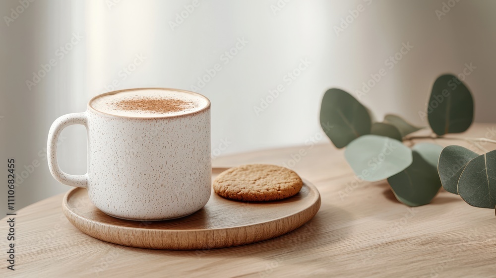 Chai Latte in Ceramic Mug, Cinnamon Sprinkle, Ginger Cookies, Eucalyptus Leaves, Boho Picnic Aesthetic, Warm Tones, Textured Details Chai Latte in Ceramic Mug, Cinnamon Sprinkle, Ginger Cookies, Eucalyptus Leaves, Boho Picnic Aesthetic, Warm Tones, Textured Details