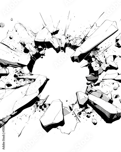 Abstract manga style design featuring dynamic explosion of shattered glass, creating dramatic and energetic visual effect. intricate details and bold lines enhance sense of movement