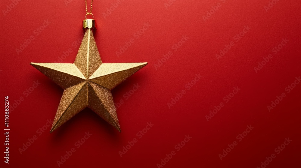 Gold star ornament hangs against a red background. Festive holiday decoration. Gold star ornament hangs against a red background. Festive holiday decoration.