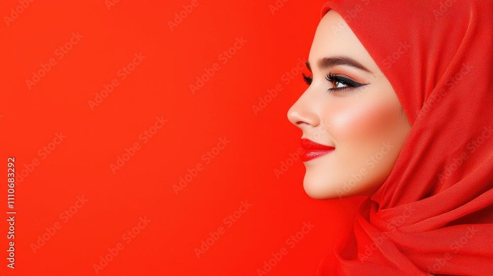 Profile of a Young Woman in Hijab Against a Vibrant Red Background Profile of a Young Woman in Hijab Against a Vibrant Red Background