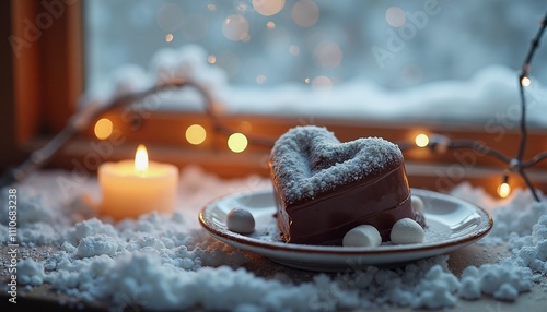 Cozy winter dessert with candle by snowy window, holiday warmth