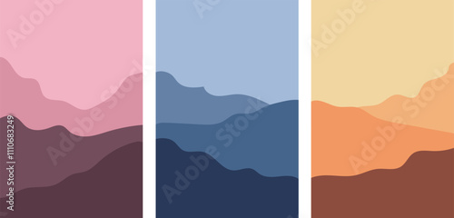 Abstract mountain silhouettes in three color schemes: pink, blue, and orange. Minimalist and modern design for wall art or digital backgrounds.