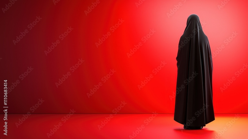 Mysterious Figure in Black Cloak Against Bold Red Background Mysterious Figure in Black Cloak Against Bold Red Background