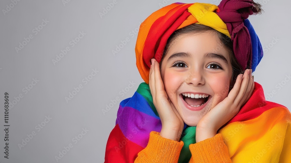 Joyful Child in Colorful Rainbow Headwrap Expressing Happiness Joyful Child in Colorful Rainbow Headwrap Expressing Happiness