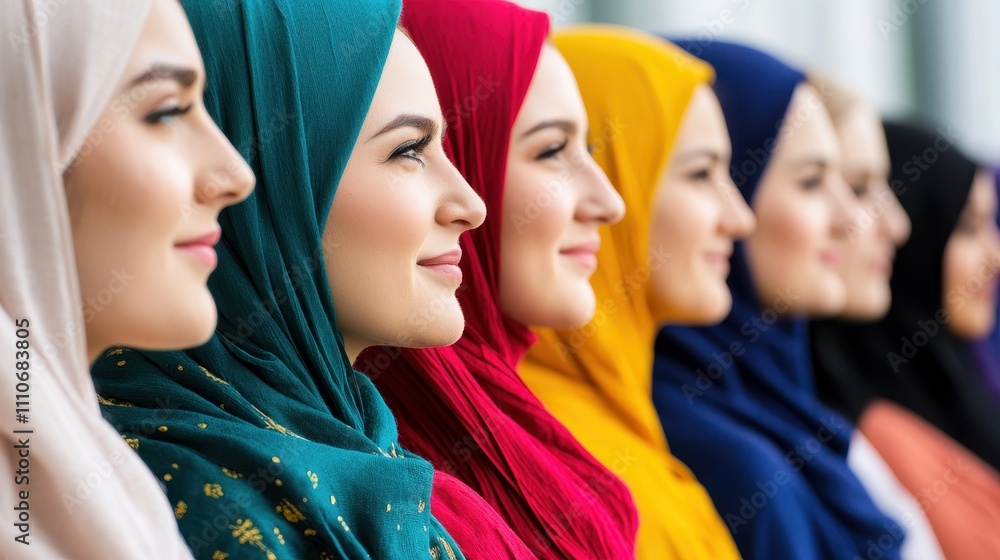 Diverse Group of Women Wearing Colorful Hijabs in Profile View Diverse Group of Women Wearing Colorful Hijabs in Profile View