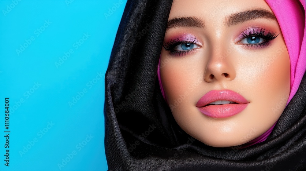 Attractive Young Woman with Pink Makeup and Black Hijab on Blue Background Attractive Young Woman with Pink Makeup and Black Hijab on Blue Background