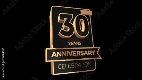 30 years, 30th anniversary logo, loop, looped video in 3D Gold with Alpha channel,  isolated transparent background