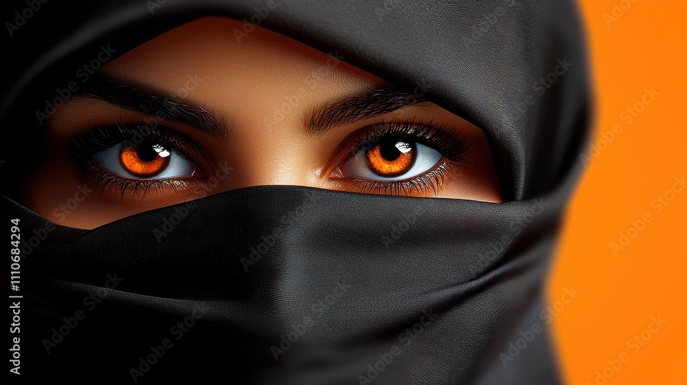 Mysterious Woman in Black Hijab with Vibrant Orange Eyes Close-up Mysterious Woman in Black Hijab with Vibrant Orange Eyes Close-up