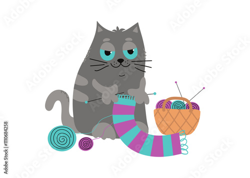 Cartoon cute cat knits a scarf. Handmade, hobby. Knitting, knitting needles, basket with threads, skeins of yarn. Warm knitted scarf, clothes. White isolated background.