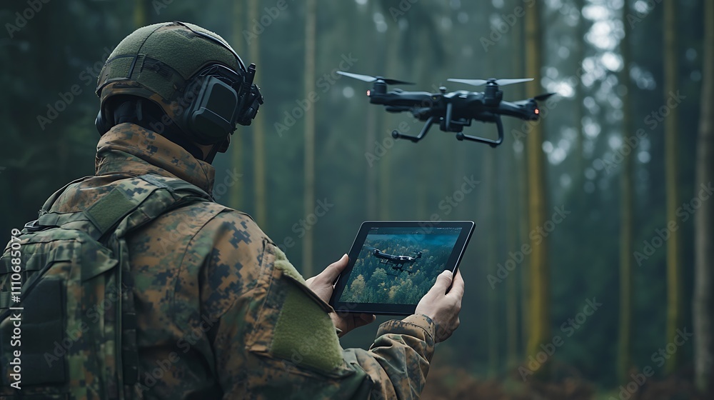 A soldier demonstrates modern military equipment in the forest by controlling drones with a tablet A soldier demonstrates modern military equipment in the forest by controlling drones with a tablet