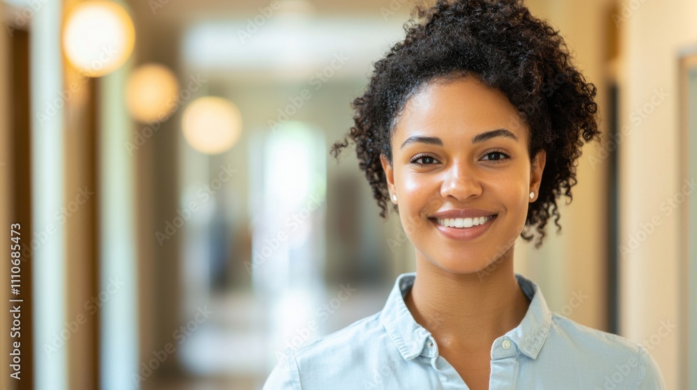Smiling female hotel receptionist in a hallway looking at camera. Copy space. Smiling female hotel receptionist in a hallway looking at camera. Copy space.