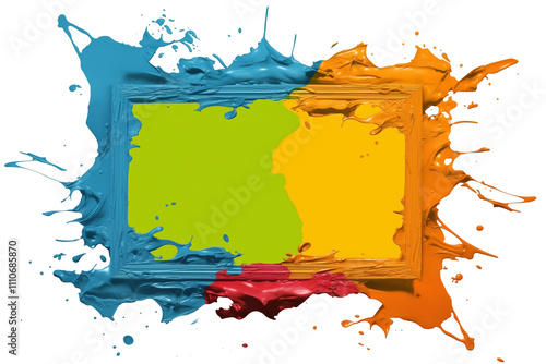 Colorful paint splashes frame vibrant photo area, creating dynamic and artistic border. splashes in blue, orange, red, and green add lively and creative touch to design photo