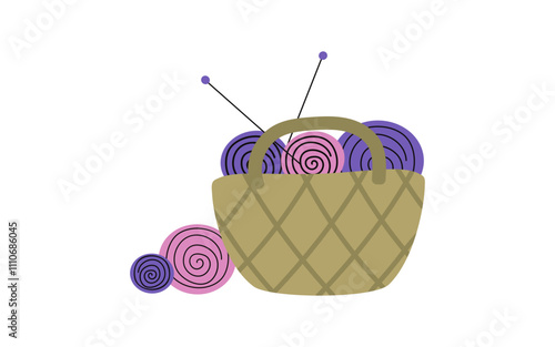 Handmade. Handicraft basket. Balls of thread, knitting needles. Skeins of yarn. Simple illustration, white isolated background.