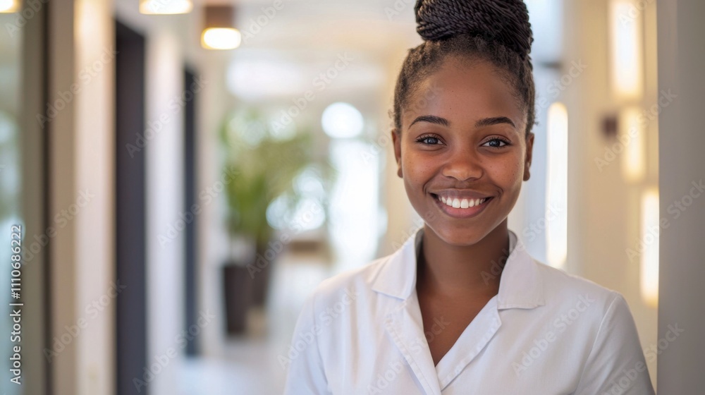 Smiling female hotel receptionist in a hallway looking at camera. Copy space. Smiling female hotel receptionist in a hallway looking at camera. Copy space.