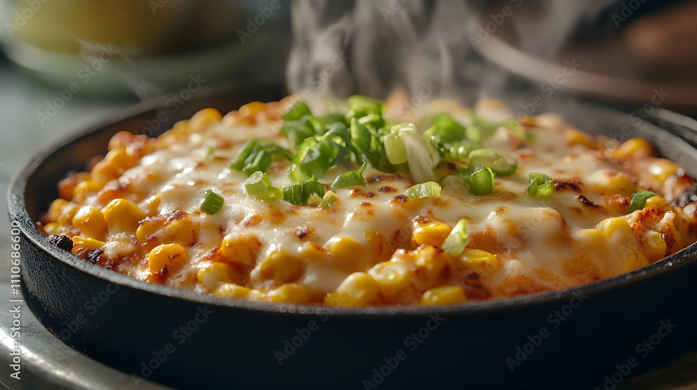 Korean Corn Cheese with Gochugaru Butter, Mozzarella and Green Onions, Street Food Photography Korean Corn Cheese with Gochugaru Butter, Mozzarella and Green Onions, Street Food Photography