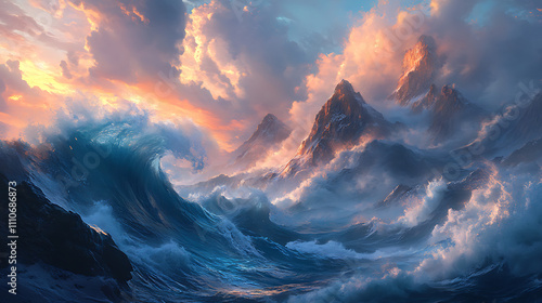 Towering waves symbolizing the magnitude of nature’s power, 8k, hyper realistic. 