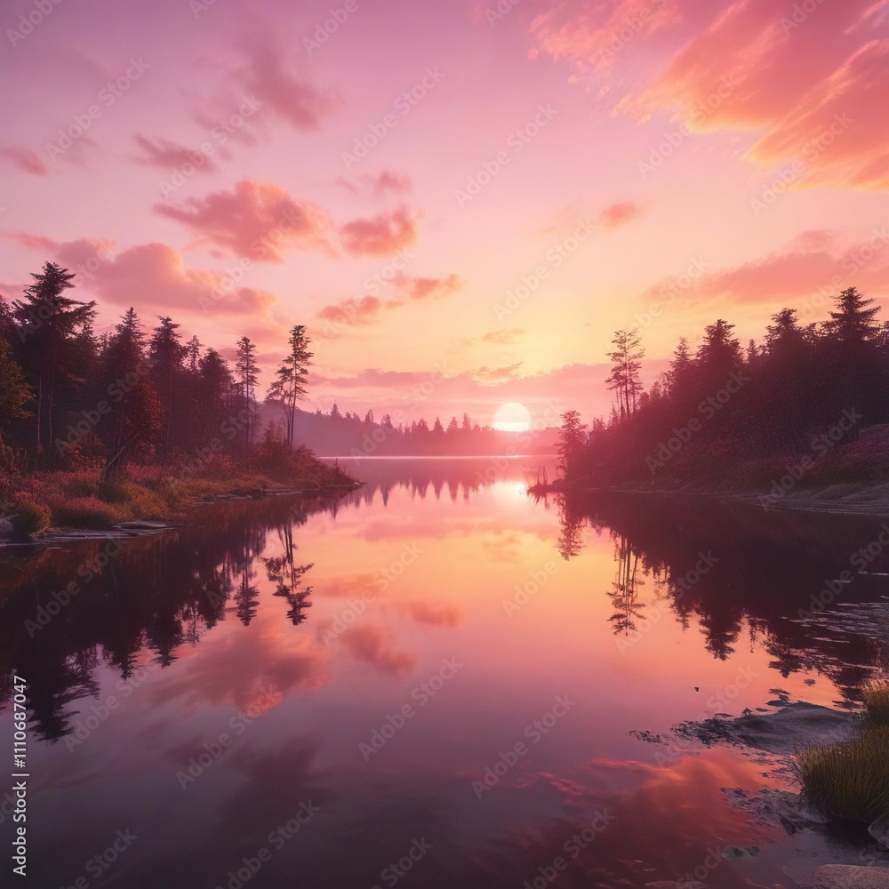 Gorgeous pink and orange sunset over a tranquil lake, sunset, lake Gorgeous pink and orange sunset over a tranquil lake, sunset, lake