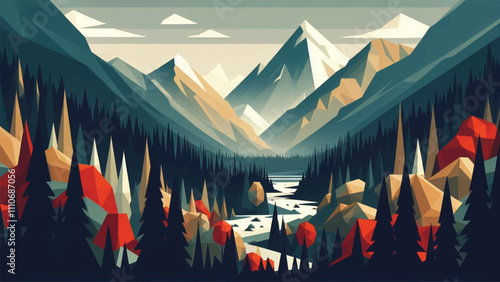 mountain and forest views in low poly illustration