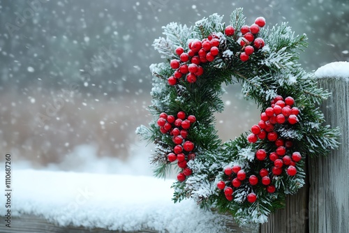 Snow-dusted Christmas wreath with red berries and greenery hanging on an old wooden fence photo