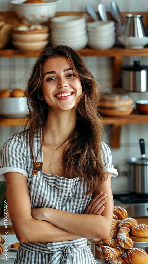 Young woman smiles happily while working in a cozy bakery with freshly baked goods on display Young woman smiles happily while working in a cozy bakery with freshly baked goods on display