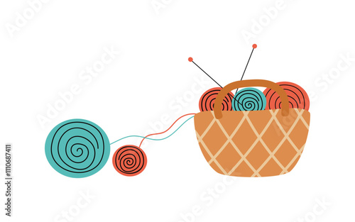 Handmade. Handicraft basket. Balls of thread, knitting needles. Skeins of yarn. Simple illustration, white isolated background.