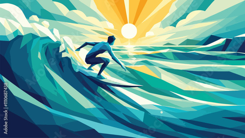 a man who is surfing in the rolling waves in low poly illustration