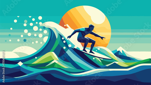 a man who is surfing in the rolling waves in low poly illustration