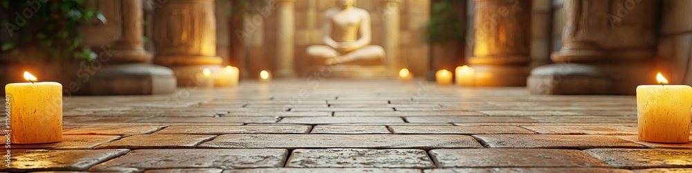 Serene spiritual setting with glowing candles illuminating a tranquil Buddha statue. Serene spiritual setting with glowing candles illuminating a tranquil Buddha statue.