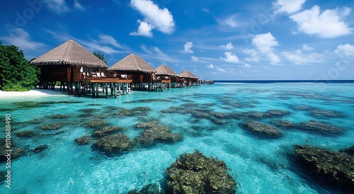 Overwater bungalows on a tropical island paradise