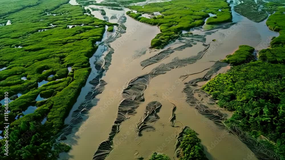 Aerial View of Lush Green Mangrove Forest and River Delta: Serene Nature Video Footage Aerial View of Lush Green Mangrove Forest and River Delta: Serene Nature Video Footage