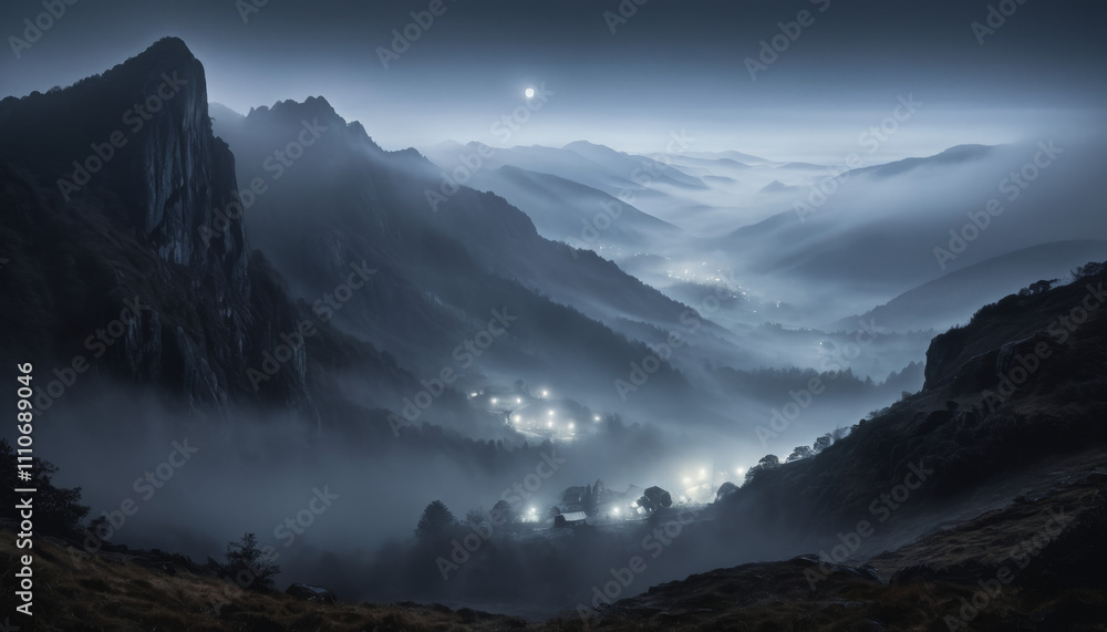 Misty Asian mountain landscape at night with eerie atmosphere and glowing lights Misty Asian mountain landscape at night with eerie atmosphere and glowing lights