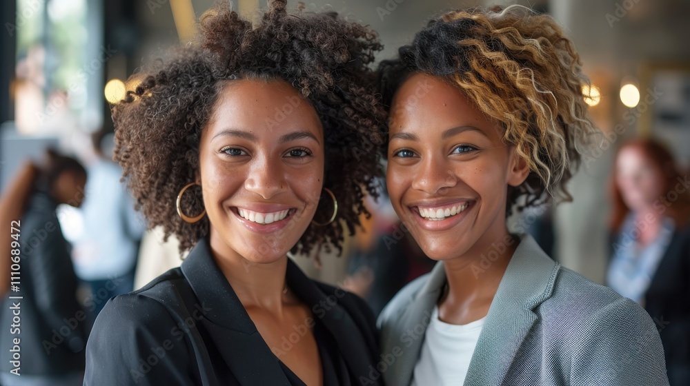 Two smiling women with curly hair pose together in a professional setting, radiating confidence and positivity. Two smiling women with curly hair pose together in a professional setting, radiating confidence and positivity.