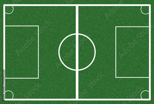 A green soccer football field with white lines