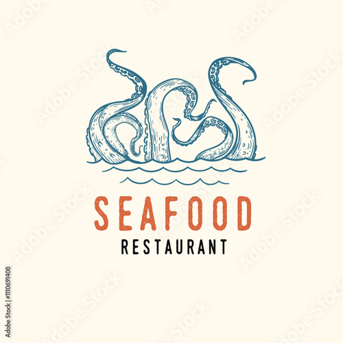 Seafood cover design template. Octopus tentacles in hand drawn sketch style. Best for nautical and marine designs. Vector illustration. photo