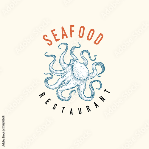 Seafood cover design template. Octopus in hand drawn sketch style. Best for nautical and marine designs. Vector illustration. photo