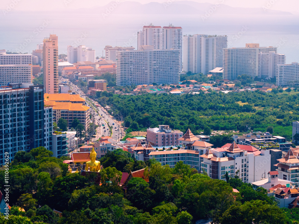 Obraz premium Aerial Top view Golden Big Buddha statue Pattaya Thailand